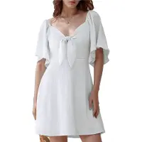 Typecat Robe courte élégante à col en V profond et nœud papillon, blanche, taille M