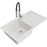 Mexen Leo Évier en granit 1 bac avec égouttoir et mélangeur Aster, blanc - 6501-20-73450-07