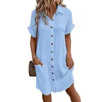 Semoic Chemise d'été décontractée en coton et lin pour femme, col en V et boutons