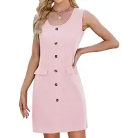 Typecat Robe courte moulante sans manches pour femme, col ras du cou, boutons en tricot, couleur unie, avec poches, rose, taille XL