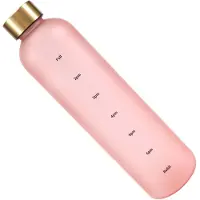 Typecat Bouteille d'eau transparente givrée en plastique de grande capacité avec couvercle en cuivre et marqueur de temps, 1 000 ml, rose
