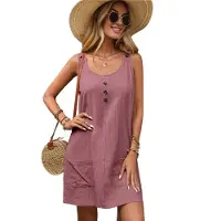 Typecat Robe d'été sans manches pour femme, débardeur avec poches, décontractée, courte, coupe trapèze, col ras du cou, rose, taille S
