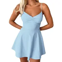 Semoic Robe à bretelles spaghetti sans manches et col en V profond pour femme