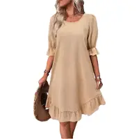 Torribaly Robe de plage courte à volants et manches bouffantes, col rond, ample et froncée, couleur unie, kaki, taille S