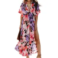 Torribaly Robe longue d'été pour femme, manches courtes, col en V, décontractée, ample, longue, fendue, pour la plage, rouge, taille M