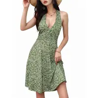 Torribaly Robe d'été portefeuille sans manches à col en V et imprimé floral pour femme, mini-robe vert encre, taille M