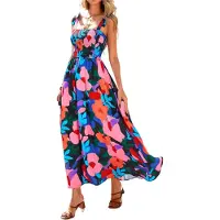 Torribaly Robe longue d'été sans manches à smocks pour femme, style bohème, bretelles spaghetti, coupe trapèze, fluide, pour la plage, taille M