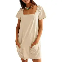 Torribaly Mini-robes d'été décontractées à manches courtes et col carré pour femmes, couleur unie, avec poches, taille S