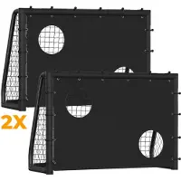 Eikuavons Lot de 2 buts de football 180 x 120 x 60 cm – But de football pour enfants avec panneau et filet, but en métal robuste pour le jardin et l'intérieur, noir
