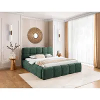 FURNISTAR Lit Tapissé SOFIA 160x200 - avec coffre de lit, lit double avec espace de rangement et sommier à lattes, aspect Boxspring, sans matelas, lit - vert bouteille