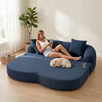 LVHOM Canapé-lit 2 places en chenille, canapé convertible, canapé de sol avec fonction couchage, lit d'appoint pliable pour salon de style Japandi, bleu