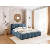 FURNISTAR Lit Tapissé SOFIA 160x200 - avec coffre de lit, lit double avec espace de rangement et sommier à lattes, aspect Boxspring, sans matelas, lit - bleu ciel