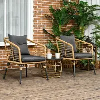 OEM Ensemble de bistrot de jardin en rotin, 3 pièces, couleur sable et gris foncé