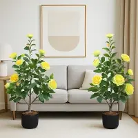 OEM Camélia artificiel en fleur, 90 cm, plante en pot, boutons jaunes, plante décorative, pour le salon et le bureau