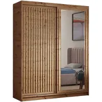 MargaretHadas24 Armoire Dora avec lamelles et miroir 100 cm, 2 portes coulissantes incluses Armoire à portes coulissantes (couleur : artisan, artisan, lamelles artisan)