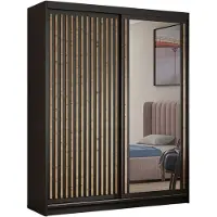 MargaretHadas24 Armoire Dora avec lamelles et miroir 160 cm, 2 portes coulissantes incluses Armoire à portes coulissantes (couleur : noir, noir, lamelles artisan)