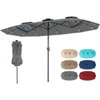 Costway Parasol double 375 x 200 cm, parasol de jardin avec éclairage LED solaire, 12 modes d'éclairage, 2 options de recharge et manivelle, parasol de terrasse gris