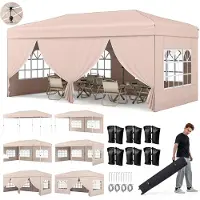 Costway Tente 3 x 6 m, tente pliante pop-up avec armature métallique, 6 parois latérales, 6 sacs de sable, haubans, piquets et sac de transport à roulettes