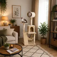Belviona Arbre à chat , arbre d'escalade pour chats avec niche, hamac, escalier et plate-forme de repos, 133 cm, beige