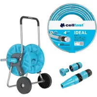 Cellfast Aluplus : chariot de tuyau en aluminium, 1/2", 60 mètres + IDEAL : tuyau de jardin, 1/2", 30 mètres + Kit comprenant une tête de pulvérisation Basic, 1/2"