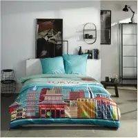 TODAY Parure de lit - - JAVA - Taille du lit double - 240 x 220 cm - Coton - Motif Tokyo - Bleu