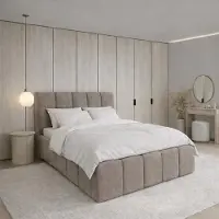 FURNISTAR Lit rembourré CLOUDY avec coffre de rangement | Lit 200x200 | Lit double avec espace de rangement et sommier à lattes | Style lit à ressorts ensachés | Sans matelas | Chambre à coucher - Couleur taupe