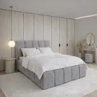 FURNISTAR Lit rembourré CLOUDY avec coffre de rangement | Lit 160x200 | Lit double avec espace de rangement et sommier à lattes | Style boxspring | Sans matelas | Chambre à coucher - Gris