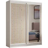 MargaretHadas24 Armoire Dora avec lamelles et miroir 160 cm, 2 portes coulissantes incluses Armoire à portes coulissantes (couleur : blanc, blanc, lamelles artisan)