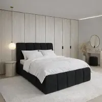 FURNISTAR Lit tapissier CLOUDY avec coffre de rangement | Lit 160x200 | Lit double avec espace de rangement et sommier à lattes | Style boxspring | Sans matelas | Chambre à coucher - Noir