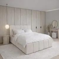 FURNISTAR Lit tapissier CLOUDY avec coffre de rangement | Lit 160x200 | Lit double avec espace de rangement et sommier à lattes | Style boxspring | Sans matelas | Chambre à coucher - Beige