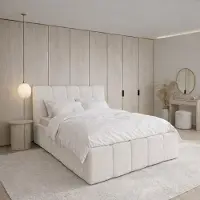 FURNISTAR Lit tapissier CLOUDY avec coffre de rangement | Lit 200x200 | Lit double avec espace de rangement et sommier à lattes | Style lit à ressorts ensachés | Sans matelas | Chambre à coucher - Crème clair