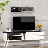 Homidea Nora : Meuble TV bas, meuble TV, meuble mural avec étagère. Design moderne (blanc/marbre noir)