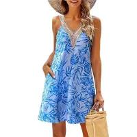 Torribaly Robes d'été pour femmes, robe de plage en dentelle, col en V, décontractée, imprimé tropical, sans manches, courte, bleu, L