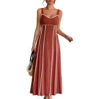 Typecat Robe longue à rayures pour femme, bretelles spaghetti, découpes, fluide, longue, rouge brique, taille L