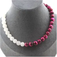 Bijoux Pierres et Minéraux. Collier perles Pierre de Lune + Oeil de Tigre fuschia 8 mm. Chaine en Collier femmes, hommes. Taille personnal