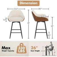 StarTech.com Ensemble de 2 tabourets de bar - Tabourets pivotants - Hauteur d'assise de 66 cm - Assise et dossier rembourrés - Tissu Sherpa - Pieds en métal - Idéal pour îlot de cuisine et comptoir - Blanc