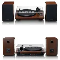 Lenco Platine disque Vintage Rétro Bluetooth Platine Vinyles- deux haut-parleurs séparés en Noyer Bois - Audio-Technica AT-VM95E