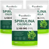 P-Beauty Capsules de spiruline et de chlorelle, 3100 mg, complément alimentaire à base d'algues, dosage élevé, produit végan, 3 flacons de 300 capsules