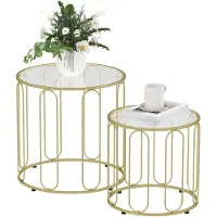 SUGIFT Table basse et table d'appoint empilables, ensemble de 2 pièces, forme ronde, verre et métal, finition dorée | Patins réglables | 8 kg | 50x50x50 cm