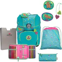 DERDIEDAS sac d'école ErgoFlex Tiny Exklusiv Superflash Schulranzenset 5 pièces Paradise turquoise