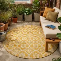 FRAAI Tapis d’extérieur rond – Rio Flower Jaune | Ø 140cm | Jaune | Rond | Tapis
