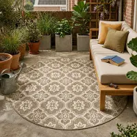 FRAAI Tapis d’extérieur rond – Rio Flower Beige | Ø 200cm | Beige | Rond | Tapis