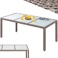 Casaria Table de jardin couleur crème, résistante aux intempéries, 190 x 90 x 75 cm, en polyrotin, hauteur réglable, plateau en verre de sécurité de 5 mm