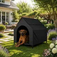 Belviona Panier pour chien avec toit, surélevé, idéal pour le jardin, la terrasse et le balcon, résistant à l'eau et supportant jusqu'à 80 kg, dimensions : 130 x 85 x 113 cm, couleur : noir