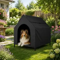 Belviona Panier pour chien avec toit, surélevé, idéal pour le jardin, la terrasse et le balcon, résistant à l'eau et supportant jusqu'à 60 kg, dimensions : 110 x 75 x 105 cm, couleur : noir
