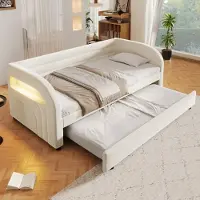 Flieks Lit 90x200 cm avec lit tiroir 90x190 cm, canapé-lit en cuir, lit de jour simple avec repose-tête et accoudoirs, en flanelle, couleur beige