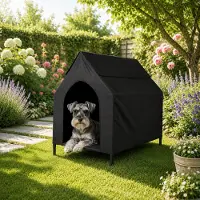 Belviona Lit pour chien avec toit, lit surélevé pour le jardin, la terrasse et le balcon, hydrofuge et pouvant supporter jusqu'à 40 kg, 90 x 65 x 85 cm, noir