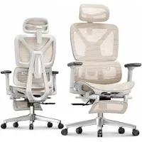 FlexiSpot ErgoX : chaise de bureau ergonomique avec repose-pieds, accoudoirs 3D et repose-tête, dossier réglable en 5 dimensions, capacité de charge de 136 kg, couleur beige