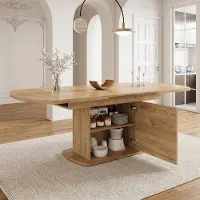 SUCCESS COURIER Table à rallonges ovale 140-200 cm, table de cuisine en chêne avec espace de rangement, armoire et poignée, table en bois moderne et minimaliste, multifonctionnelle
