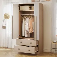 MODFU Armoire de rangement pour vêtements 70 × 40 × 170 cm, grand espace de rangement, conception à deux portes, avec tiroirs et étagères de rangement, coloris bois et blanc.